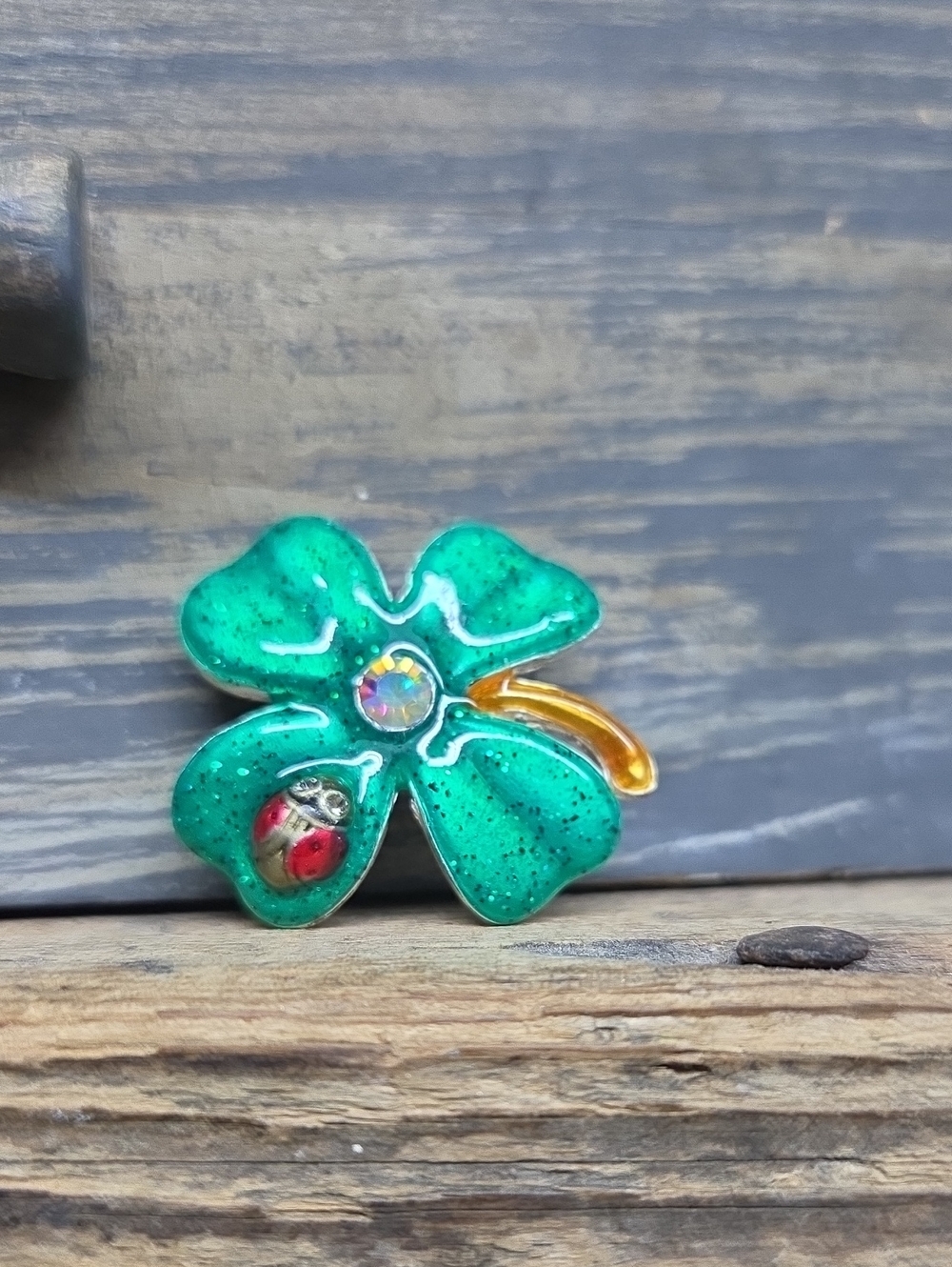 AJMC Vintage Sparkly Green Enamel Four Leaf Clover Brooch Ladybug Pin